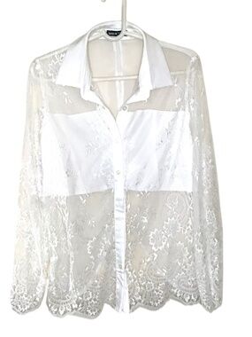 SHEIN White Sheer Floral Lace Button Front Blouse Top Size M